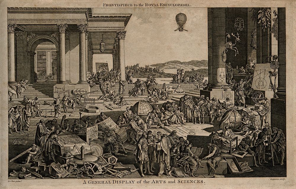 Different attributes and displays of the arts and sciences in a classical courtyard. Engraving by Grignion after Le Clerc.