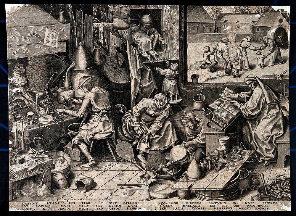An alchemist in his laboratory with his family: to the right they are shown calling at the poorhouse, destitute after the…