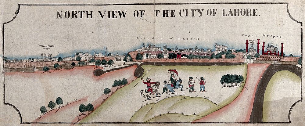 City of Lahore with Ranjit Singh in foreground, Punjab, Pakistan. Coloured transfer lithograph.