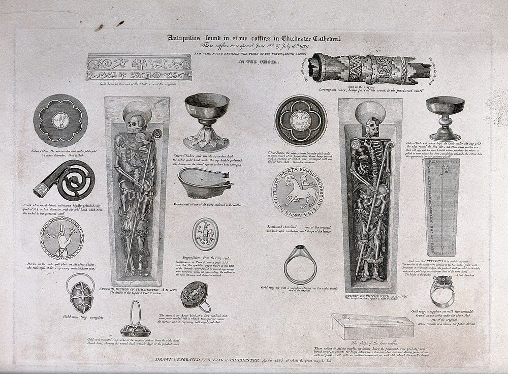 Antiquities found in stone coffins in Chichester Cathedral, including silver chalices and gold rings. Engraving by Thomas…