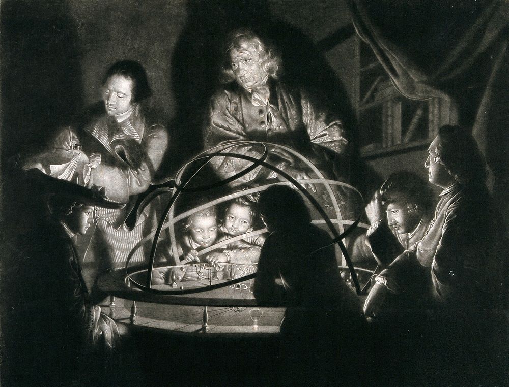 A philosopher giving an astronomical lecture on an orrery. Mezzotint by W. Pether after J. Wright, ca. 1780.