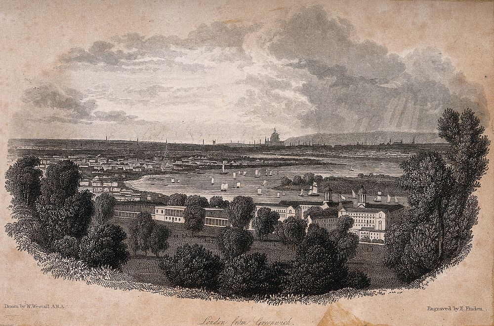 Greenwich, with London in the distance. Engraving by E. Finden after W. Westall.