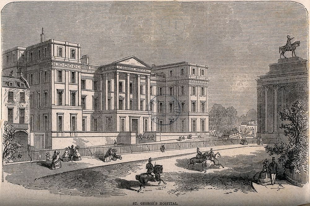 St. George's Hospital and the Constitution Arch, Hyde Park Corner. Wood engraving.