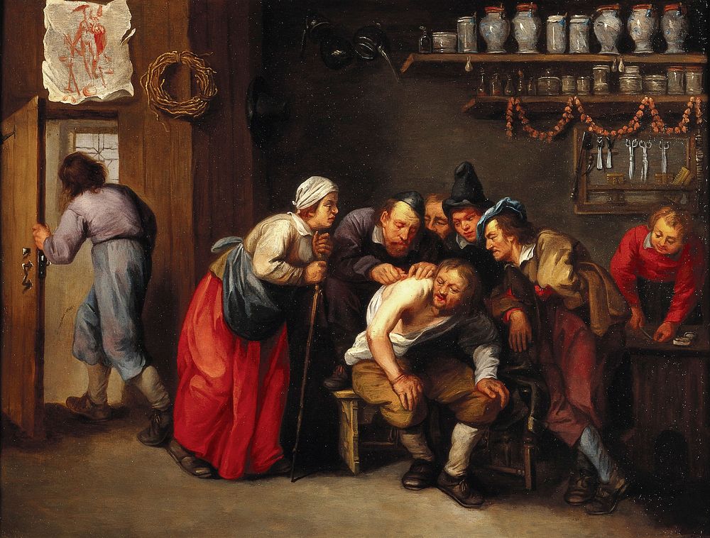 A surgeon removing a plaster from a man's back, with five people looking on. Oil painting attributed to Adriaen Rombouts, 16…