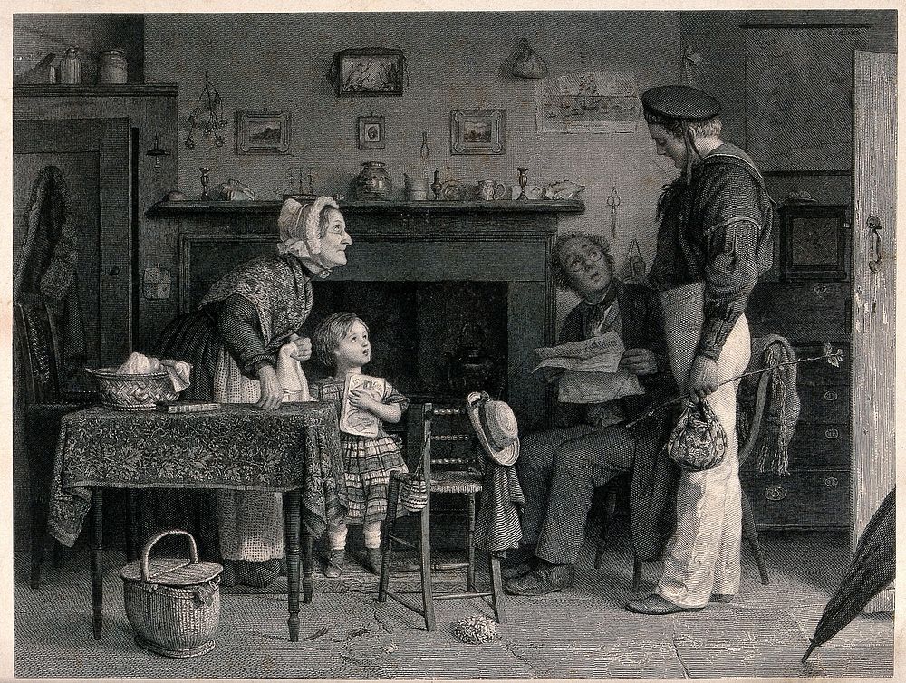 A young sailor has returned to his aged parents after running away to sea. Engraving by Lumb Stocks after Joseph Clark.