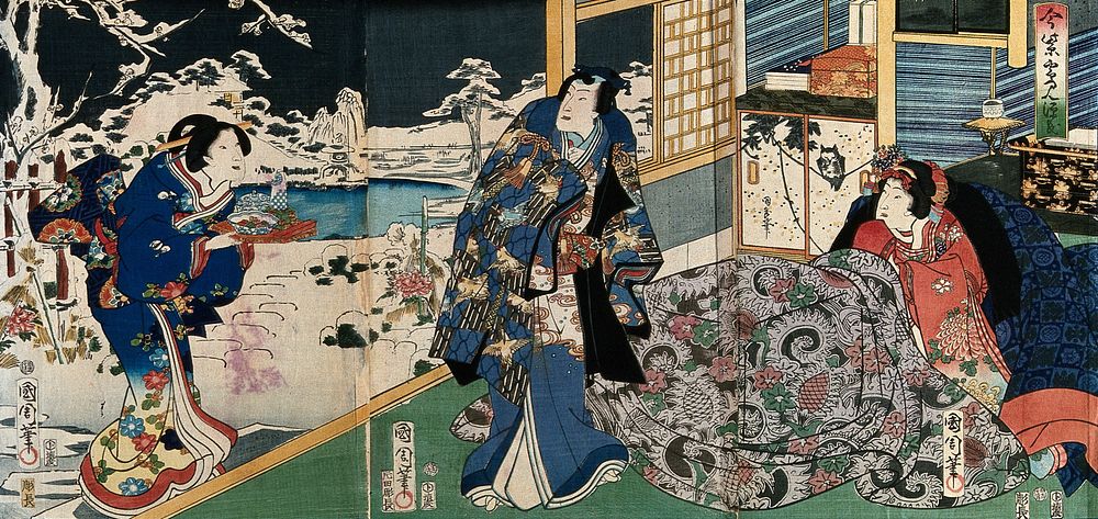 A prince visits his paramour, who is in bed, on a snowy winter's day, while a servant brings in a tray of food: a Genji…