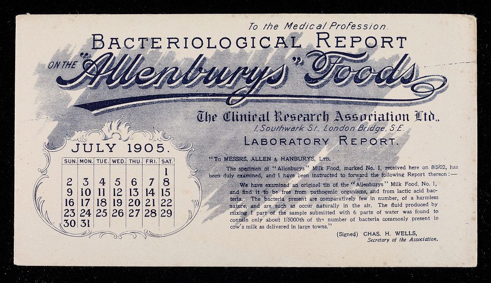 The "Allenburys" Foods : bacteriological report : July 1905.