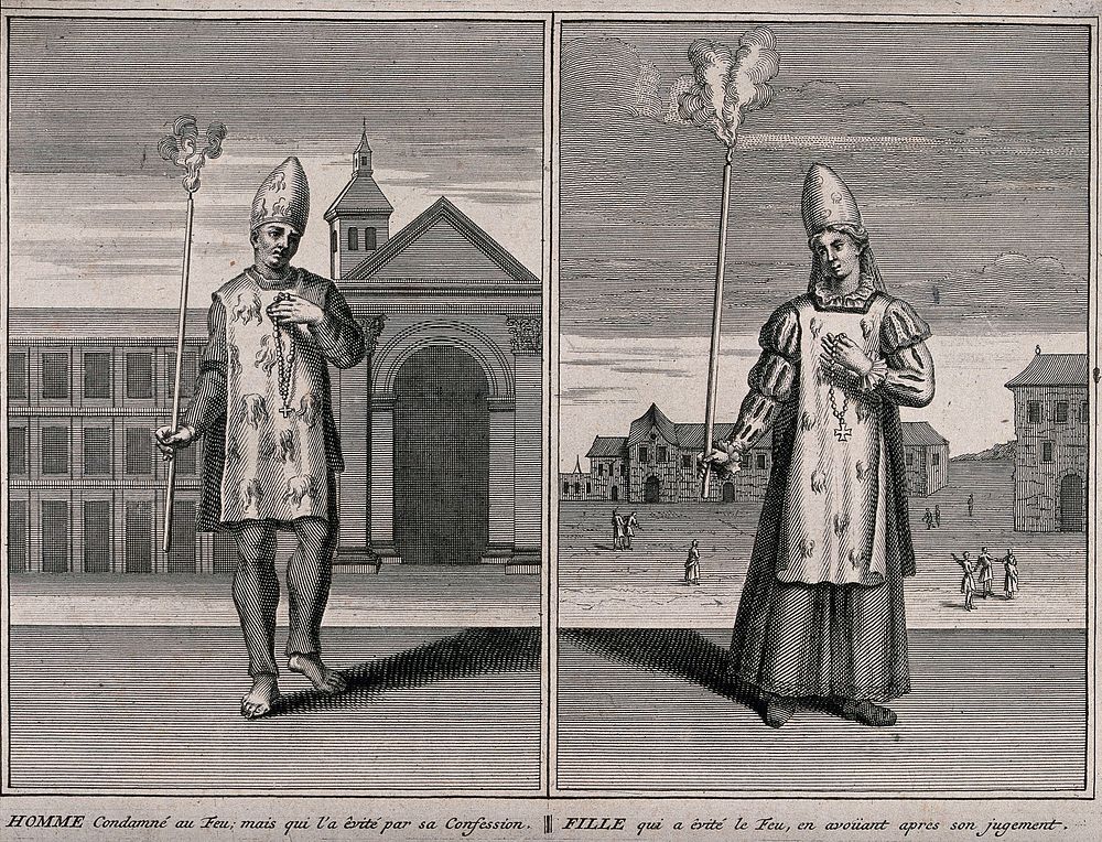 Left, a young man avoiding being burnt at the stake for heresy by the Spanish Inquisition by recanting; left, a young woman…