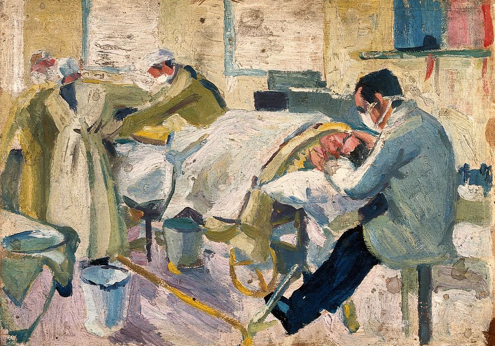 World War I: an operating theatre in a hospital ship. Oil painting by Godfrey Jervis Gordon ("Jan Gordon").