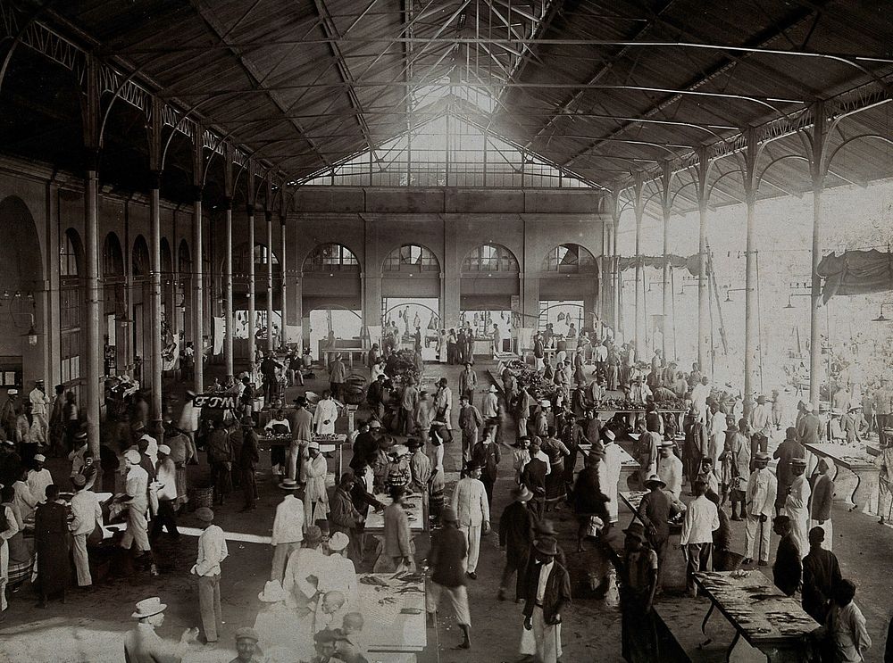 Maputo (formerly Lourenço Marques), Mozambique: the market building, interior, showing stalls and customers. Photograph, ca.…