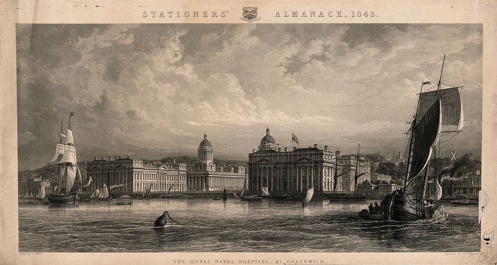 Royal Naval Hospital, Greenwich, from the Isle of Dogs, with ships and rowing boats in the foreground. Engraving by T.…