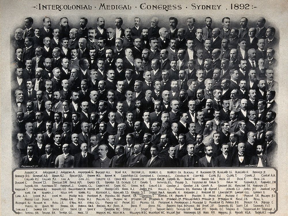 Intercolonial Medical Congress of Australasia, Sydney, 1892: delegates: group portrait. Photograph of a photomontage, 1892.
