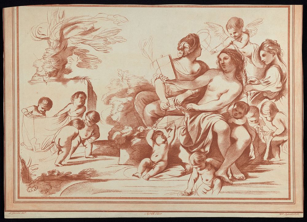 The toilet of Psyche or Venus. Colour stipple engraving by W.W. Ryland, 1767, after G.F. Barbieri, il Guercino.