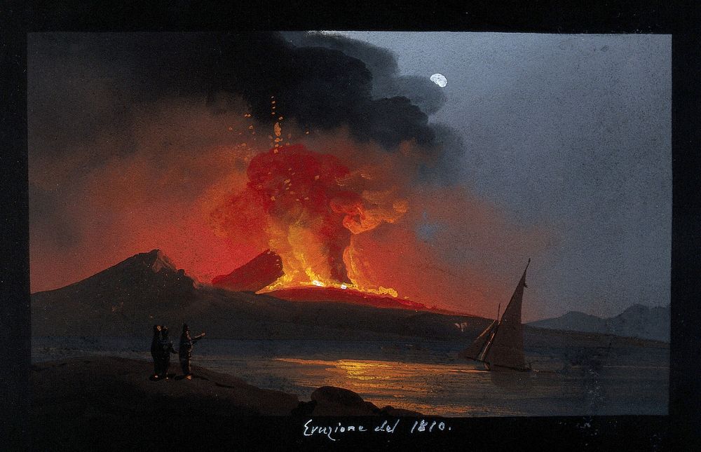 Mount Vesuvius in eruption at night, with smoke, fire and lava, over the Bay of Naples. Gouache, 1810.