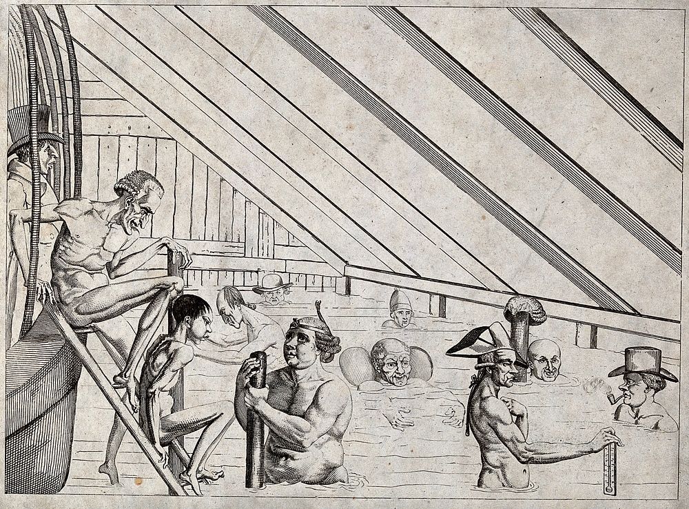 Men bathing in a public bath. Engraving.