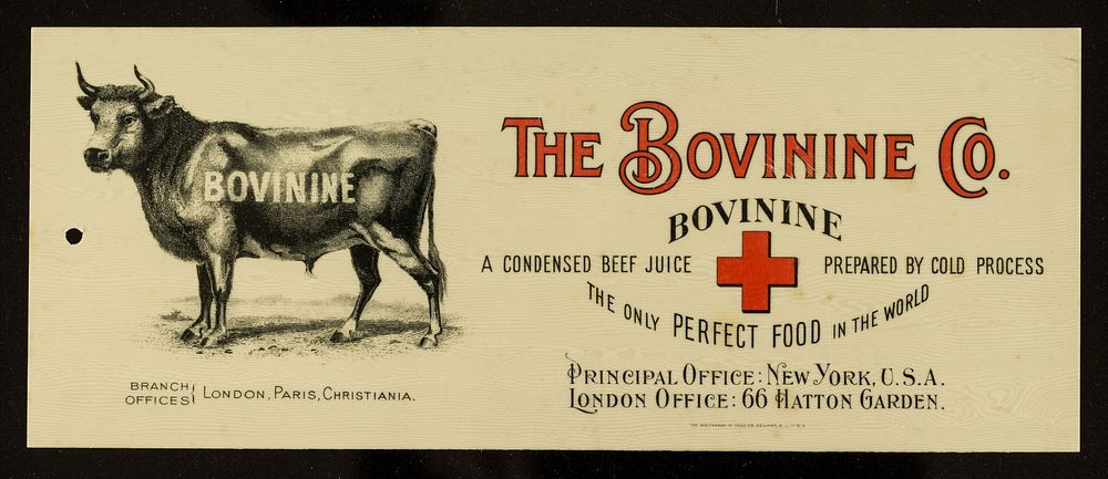 Bovinine : a condensed beef juice prepared by cold process : the only perfect food in the world / The Bovinine Co.