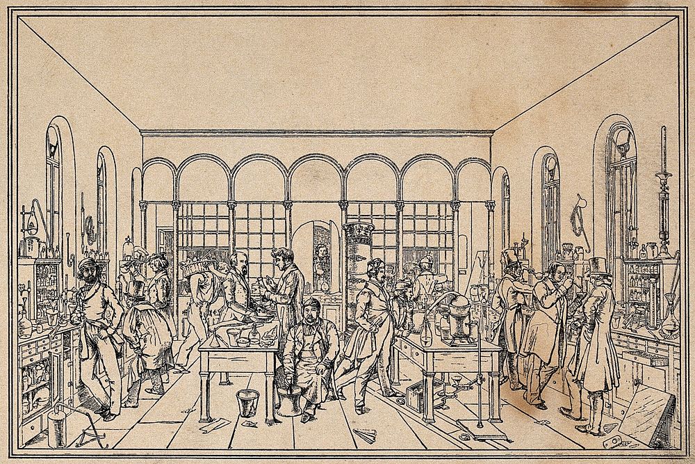 Justus von Liebig and colleagues at work in the analytical laboratory in Giessen. Lithograph  after W. Trautschold, ca. 1840…