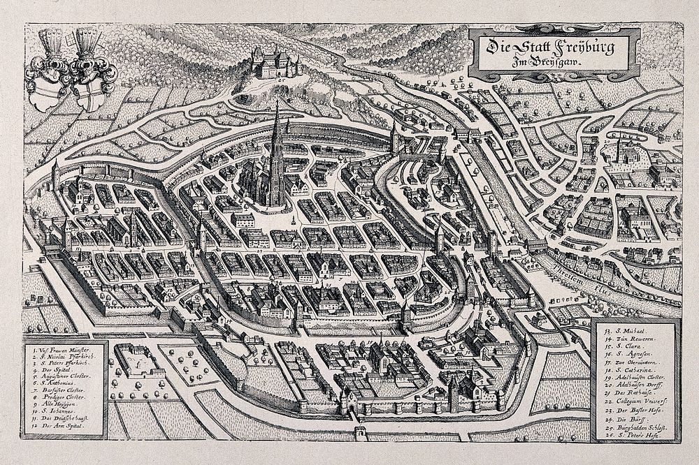 City map of Freiburg, Germany: with key. Reproduction of a line engraving after K. Merian.