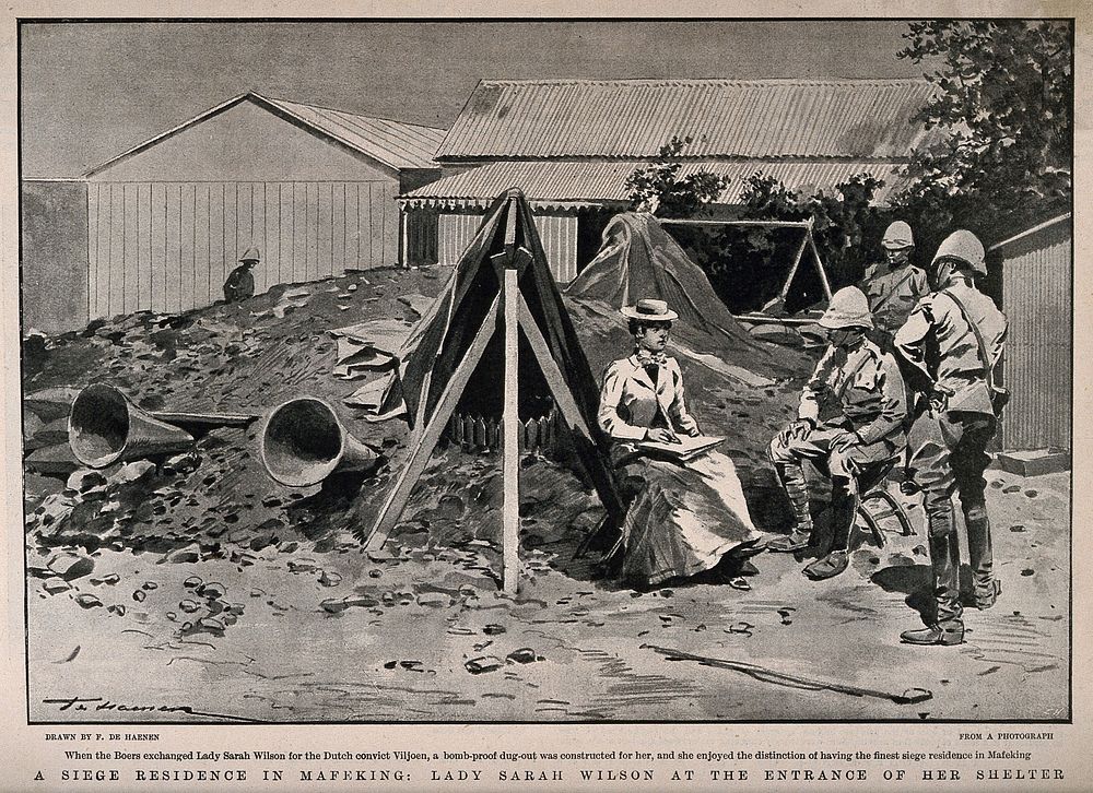 Boer War: three soldiers with a lady outside her bomb-proof shelter in Mafeking (Mahikeng). Halftone, ca.1900, after F. de…