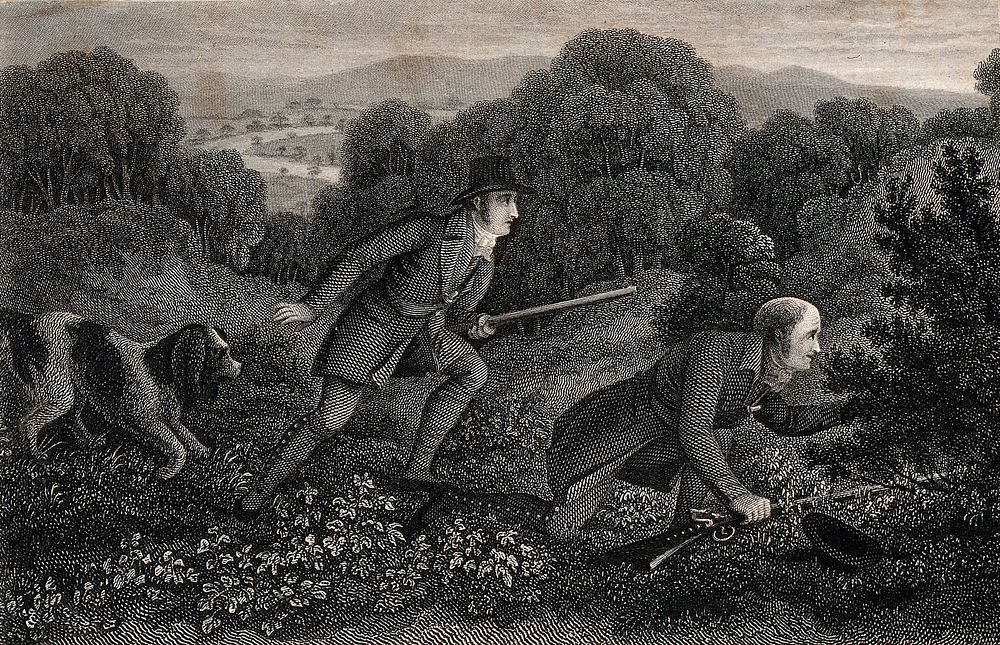 Two huntsmen with their hound hiding behind a bush trying to approach prey unnoticed. Etching.