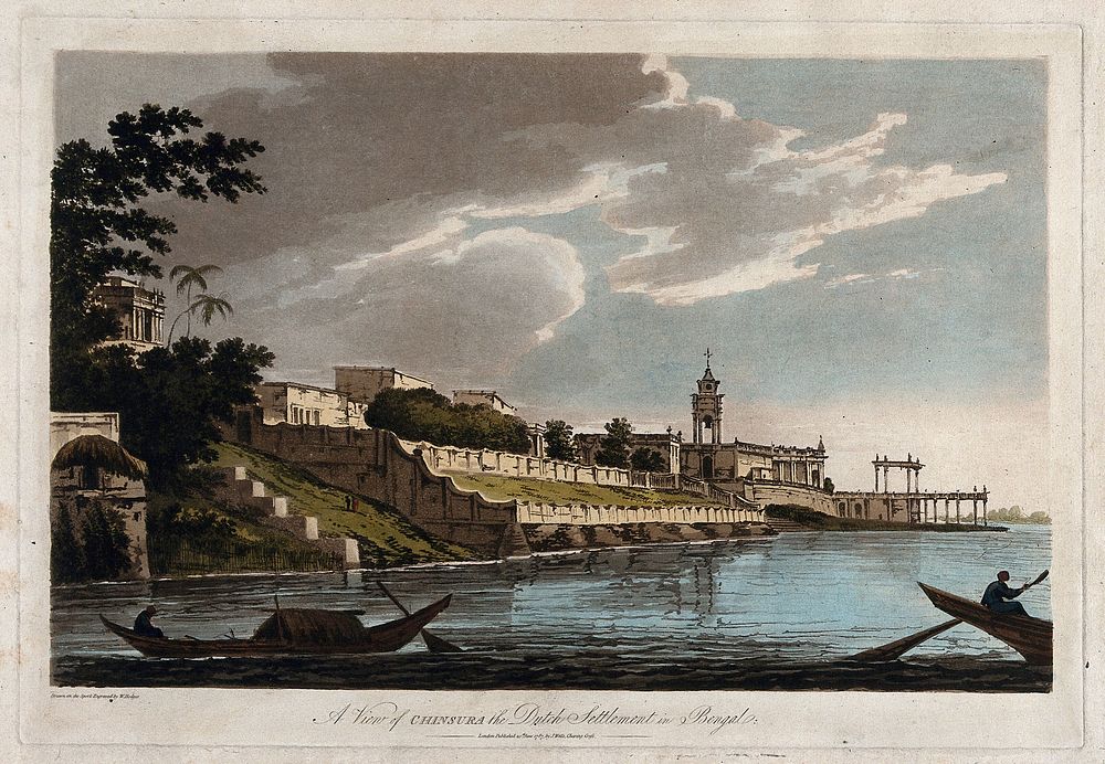 Dutch settlement at Chinsura on the Hugli river, West Bengal. Coloured etching by William Hodges, 1787.