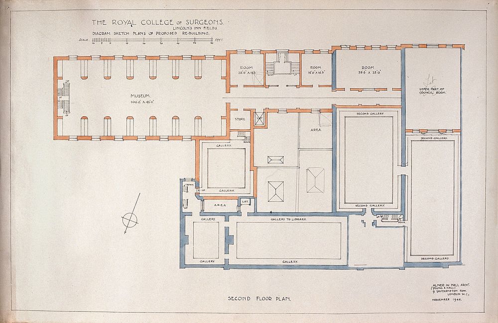 Proposed rebuilding of the Royal College of Surgeons of England: plan of second floor. Watercolour by Alner W. Hall (Alner &…