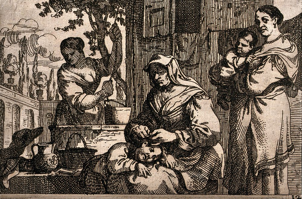 A woman delouses a child and another woman waits with her child. Etching by J.B. de Wael.