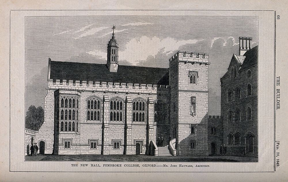 Pembroke College, Oxford: new hall. Wood engraving by C. D. Laing, 1849, after J. Hayward.