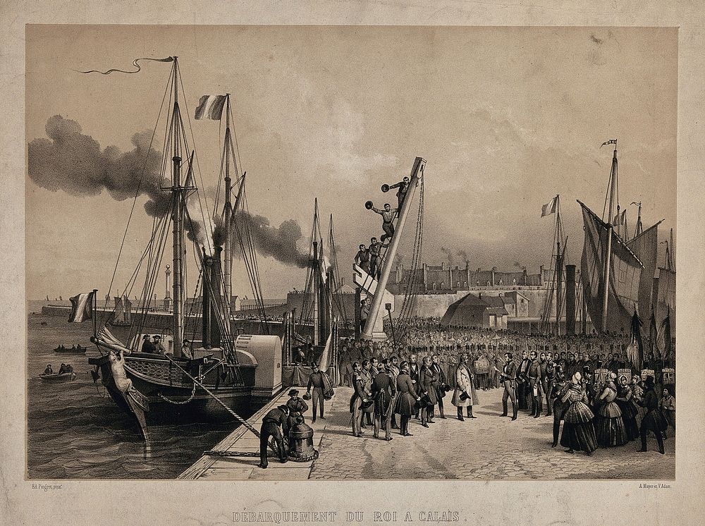 The reception of King Louis Philippe after his disembarkation in the harbour of Calais. Lithograph by A. Mayer and V. Adam…