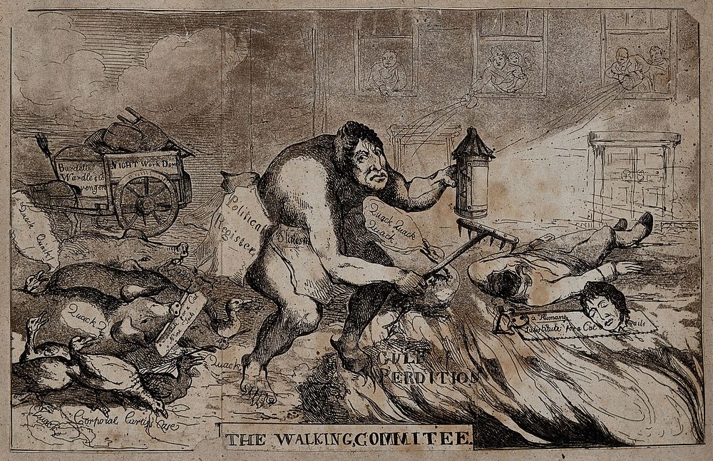 G.W. Wardle, an ape-like figure scavenging with a rake and a lantern, followed by pigs and ducks, stumbles across a…