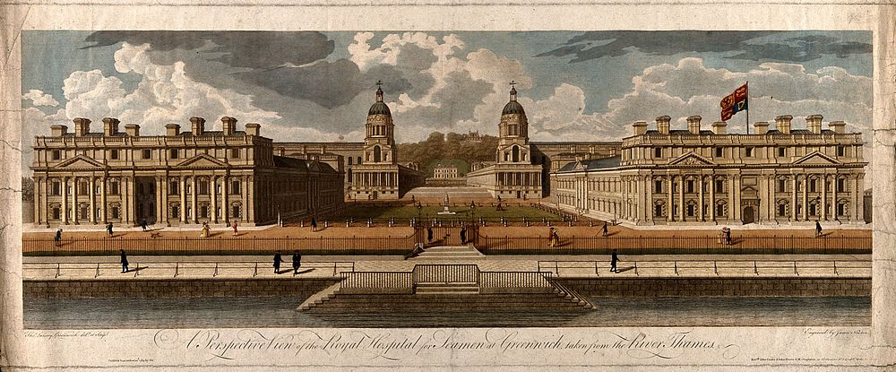 Royal Naval Hospital, Greenwich, the river front vista, with the Queens' House and Royal Observatory in the distance: many…