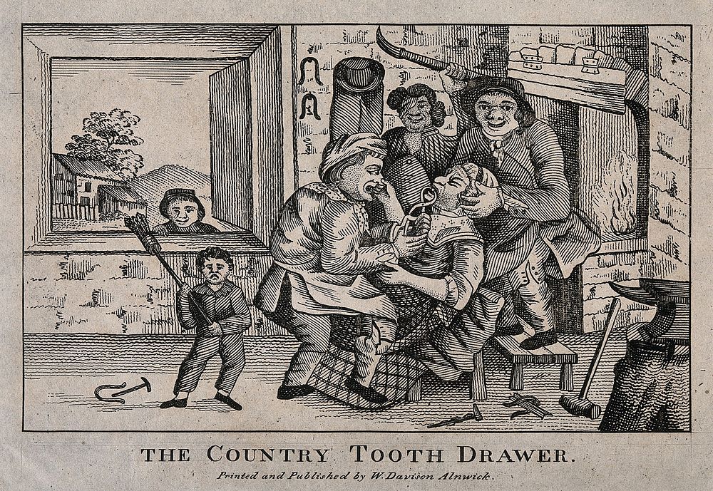 A country blacksmith in his forge extracting a tooth from a woman who is being restrained by her family. Etching.