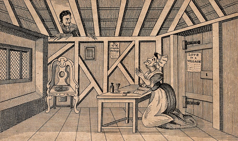 An old woman is praying for a man to come into her life while a young man is watching from a hole in the roof. Engraving by…