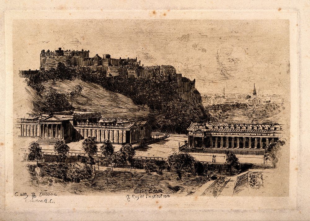 The Royal Institution and Edinburgh Castle, Scotland. Etching.