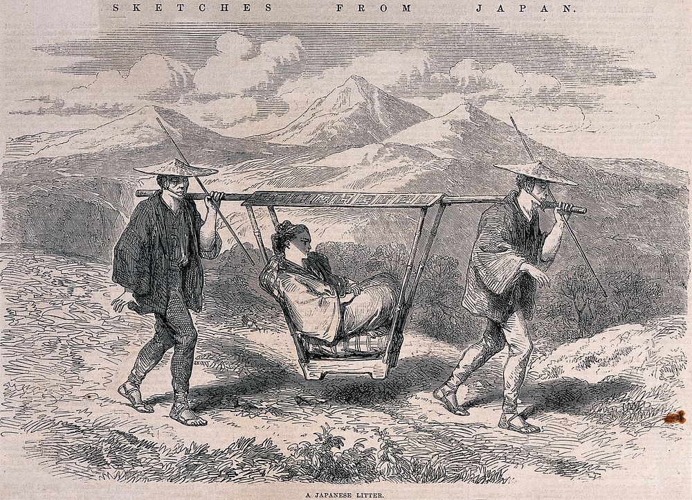 A woman in Japan being carried in a litter through the mountains by two men. Wood engraving, 1865.