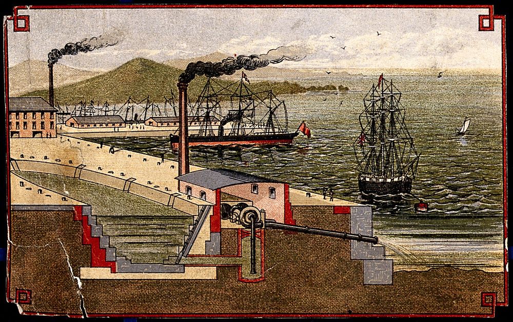 Engineering: a large harbour, with a pumping station. Coloured lithograph, [post 1875].