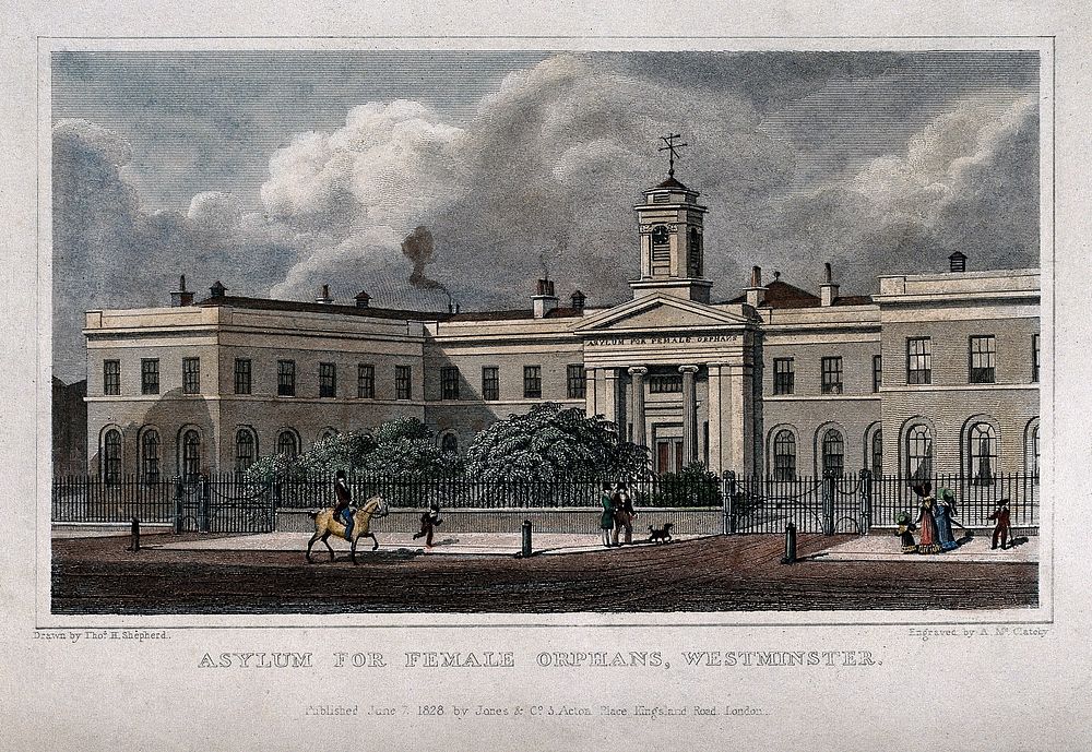 The female orphan asylum, Westminster Bridge Road, Lambeth. Coloured engraving by A. McClatchy after T. H. Shepherd, 1828.