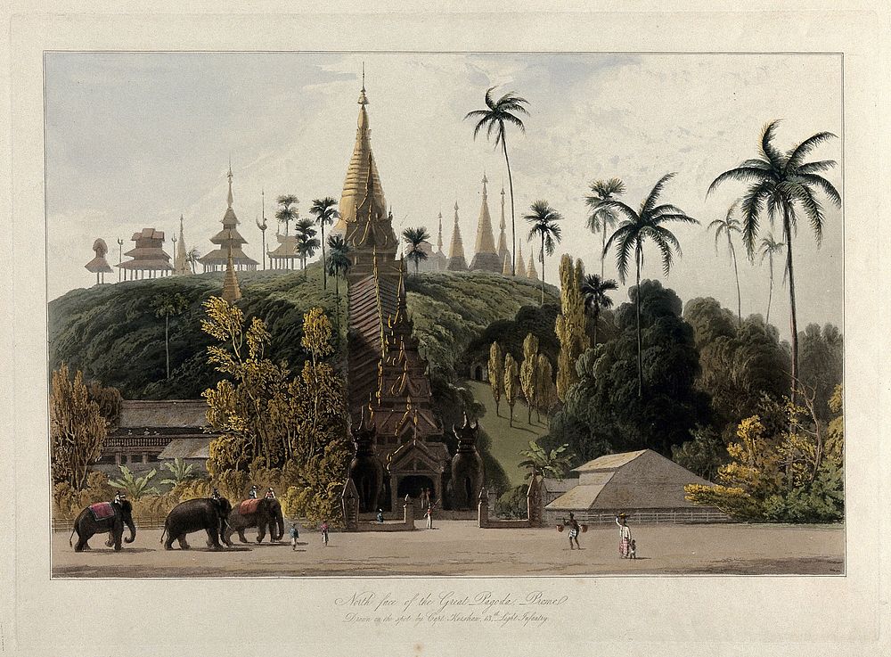 Prome (Pyay), Burma: north view of the Great Pagoda. Coloured aquatint by William Daniell after James Kershaw, c. 1831.