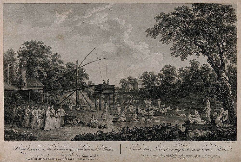 Moscow: people swimming and sunbathing at Cerebrensky public baths. Etching by M.G. Eichler, 1799, after G. de la Barthe…