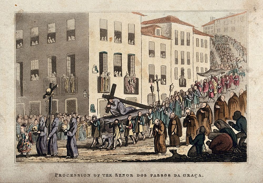 The procession in Lisbon of the Senhor dos Passos da Graça. Coloured aquatint by A.P.D.G., 1826.