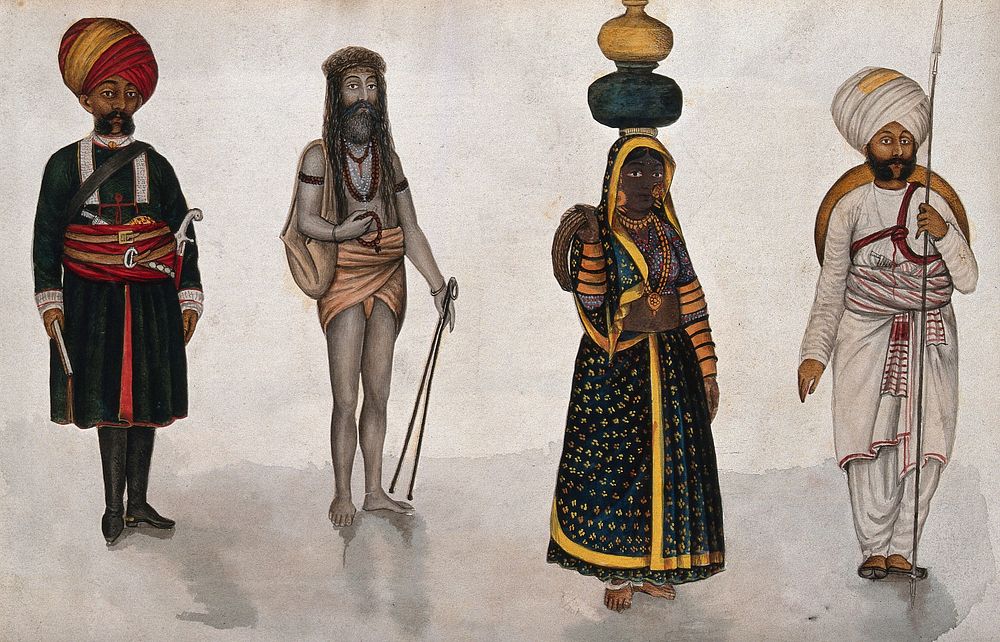Four occupations: messenger, sanyasi, water carrier and guard . Gouache painting by an Indian painter.
