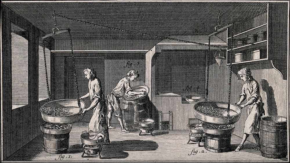Confectioner's shop: interior view, process of smoothing sugar-plums. Etching.
