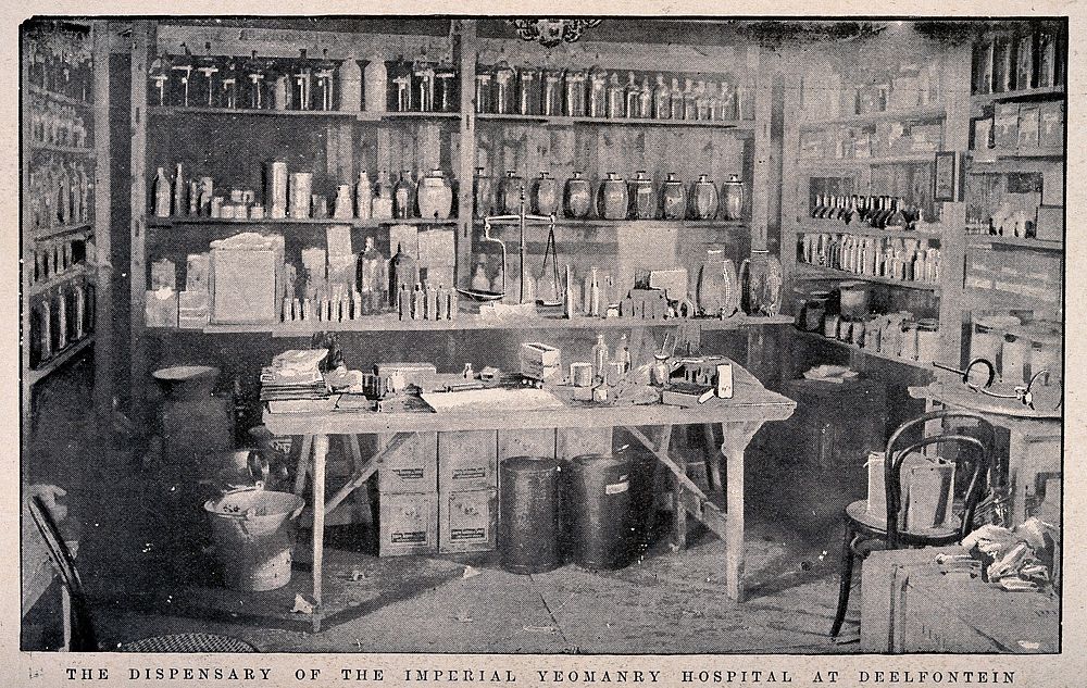 Boer War: the dispensary of the Imperial Yeomanry Hospital at Deelfontein, South Africa. Process print, 1900.