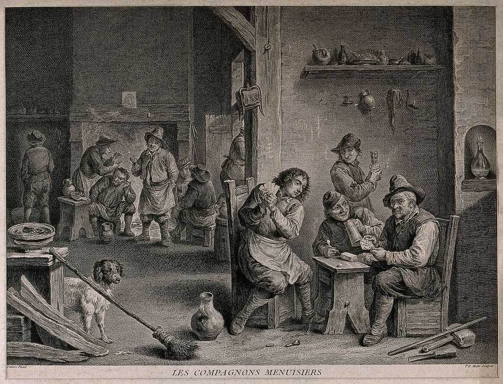 The interior of a dingy smoke den where groups of men smoke, drink and play cards. Engraving by P. Moitte, 18th century…