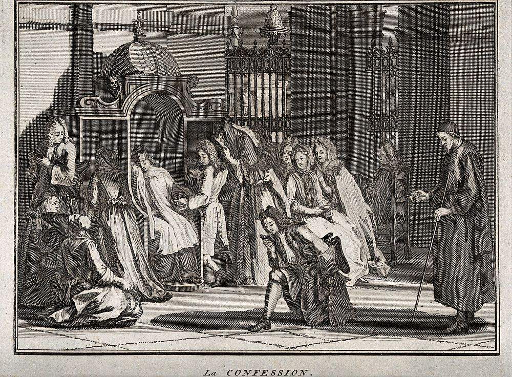 The sacrament of the Roman Catholic church: confession (penance). Etching by B. Picart.