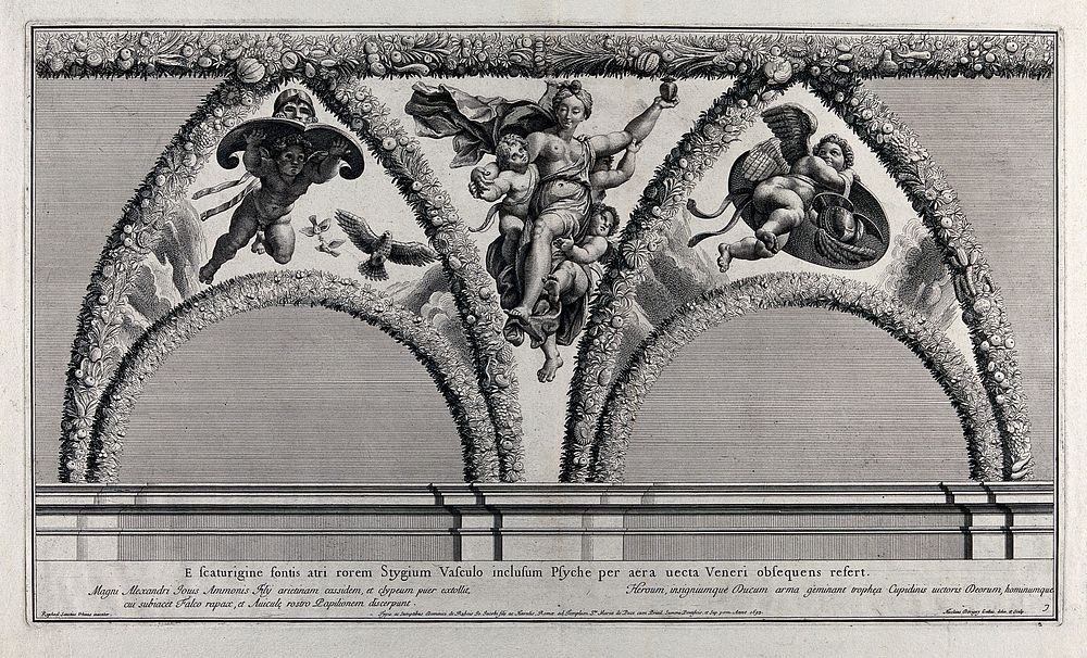 The story of Cupid and Psyche: Psyche being transported to Venus. Engraving by N. Dorigny, 1693, after Raphael.