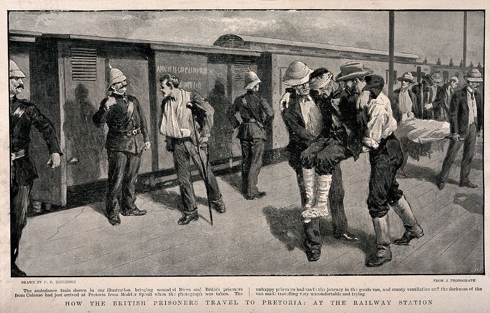 Boer War: British wounded prisoners and the Boer wounded arriving at Pretoria station. Process print after F.C. Dickinson…