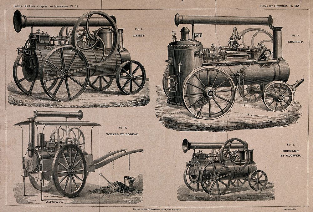 Four steam locomotives. Engraving by E. Bourdelin.