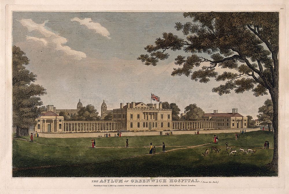 The Queen's House seen from Greenwich Park, with people and animals in the foreground, Naval Hospital in the distance.…