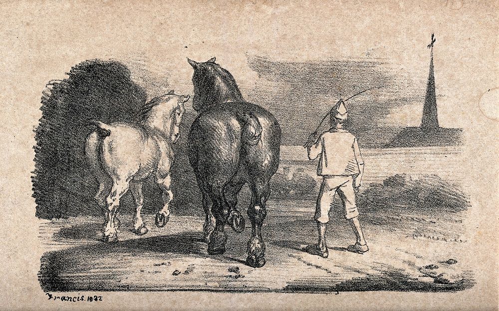 A boy in clogs is driving two horses with his rod. Chalk lithograph, 1822.